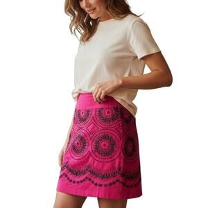 Liz Claiborne Women's Embroidered Pencil Skirt 8 Pink & Black 100% Cotton A-Line